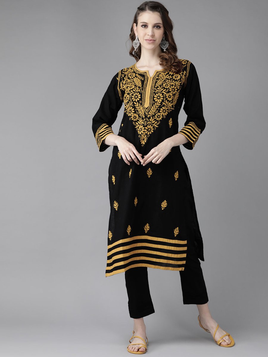 ADA Women Black & Mustard Yellow Pure Cotton Chikankari Embroidered Handloom Kurta with Trousers | Swadesiicart