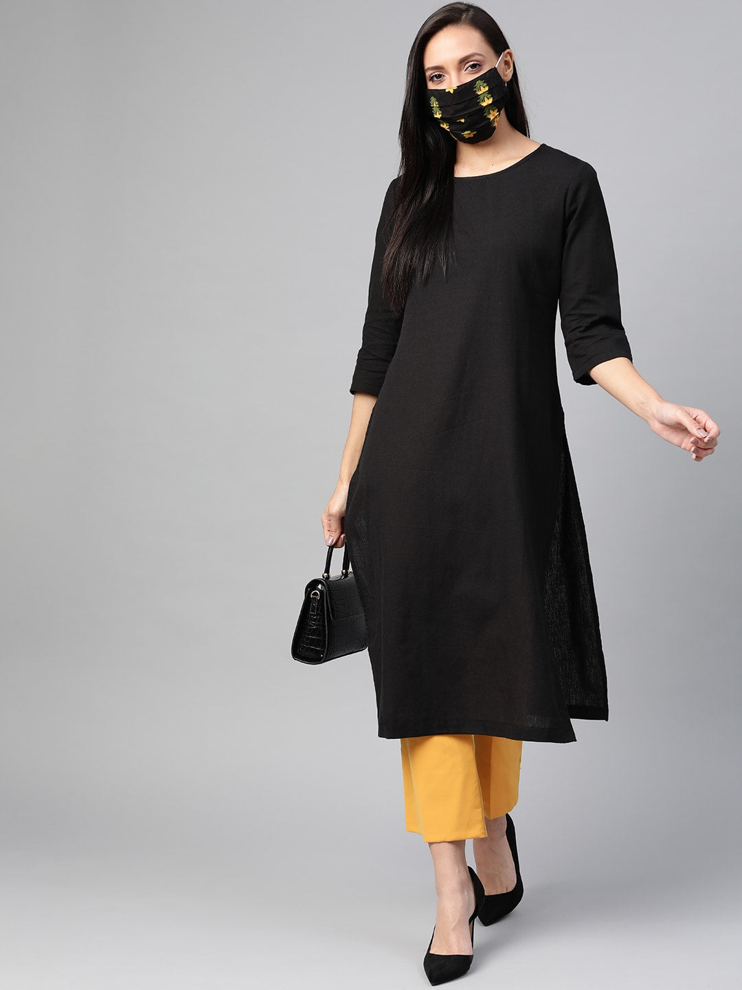 HERE&NOW Women Black Solid Straight Kurta - Swadesiicart