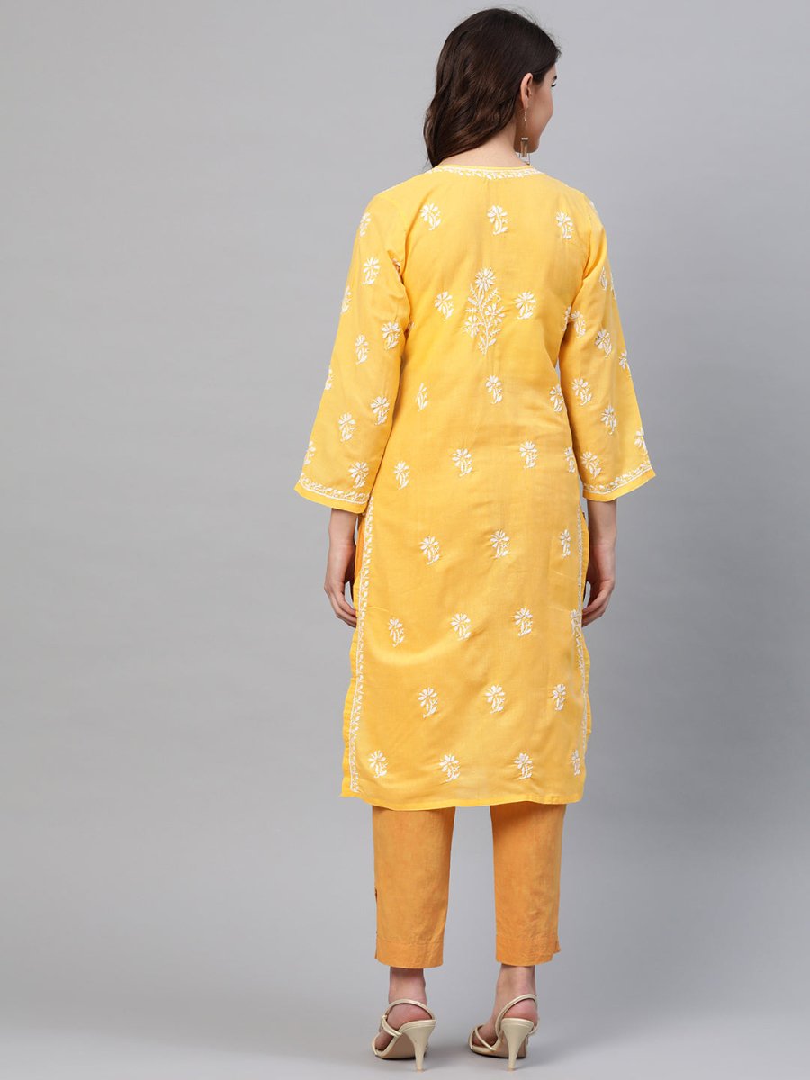 ADA Women Yellow & White Chikankari Embroidered Straight Sustainable Handloom Kurta | Swadesiicart