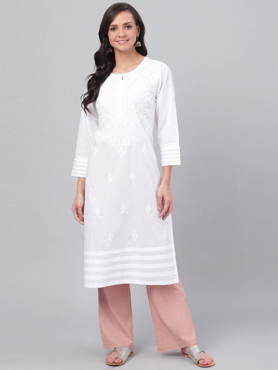 ADA Women White Chikankari Hand-Embroidered Straight Sustainable Handloom Kurta | Swadesiicart