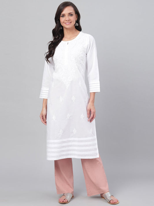 ADA Women White Chikankari Hand-Embroidered Straight Sustainable Handloom Kurta | Swadesiicart