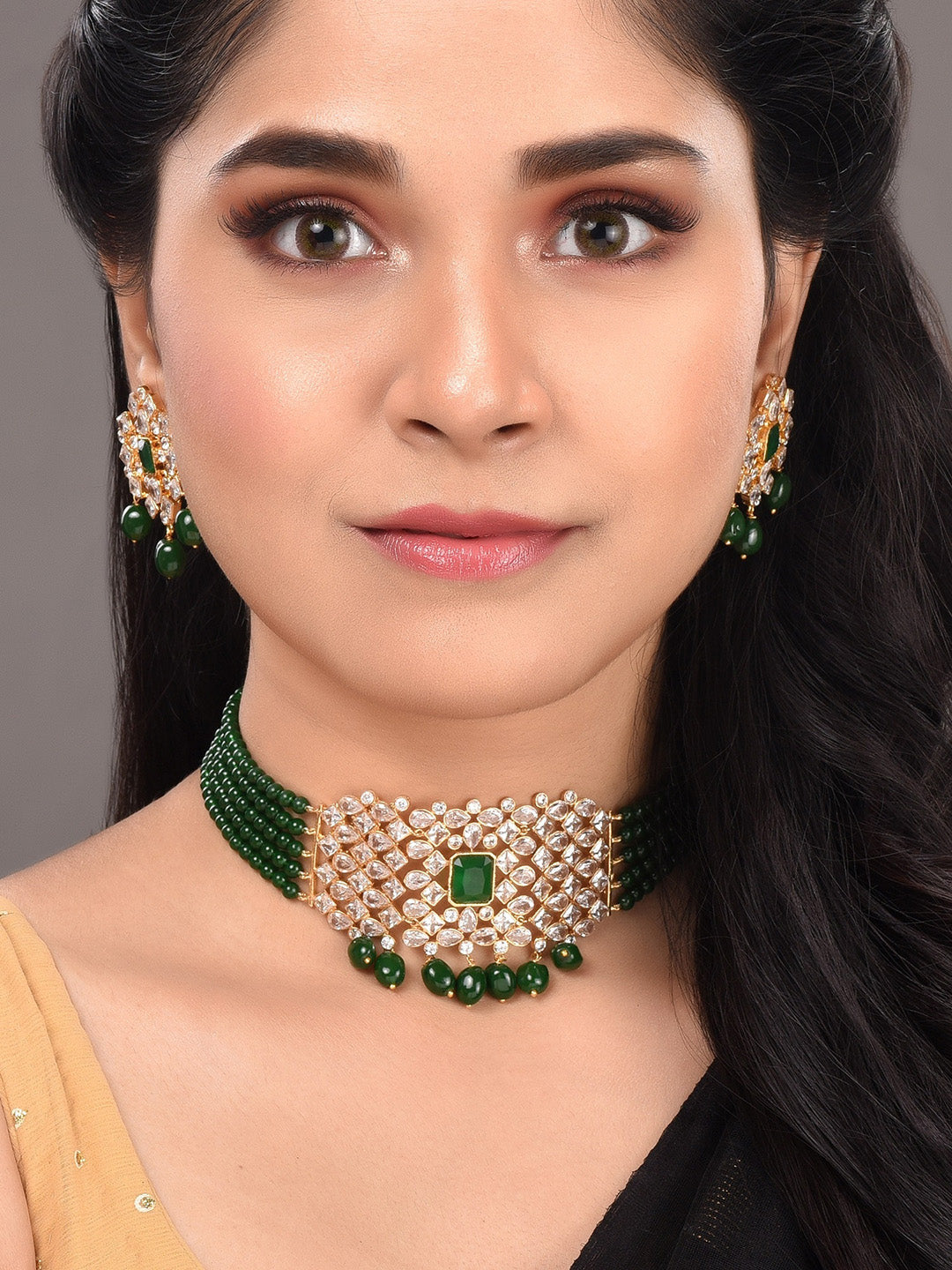 Saraf RS Jewellery Gold-Polished White & Green American Diamond Studded Choker Jewellery Set | Swadesiicart