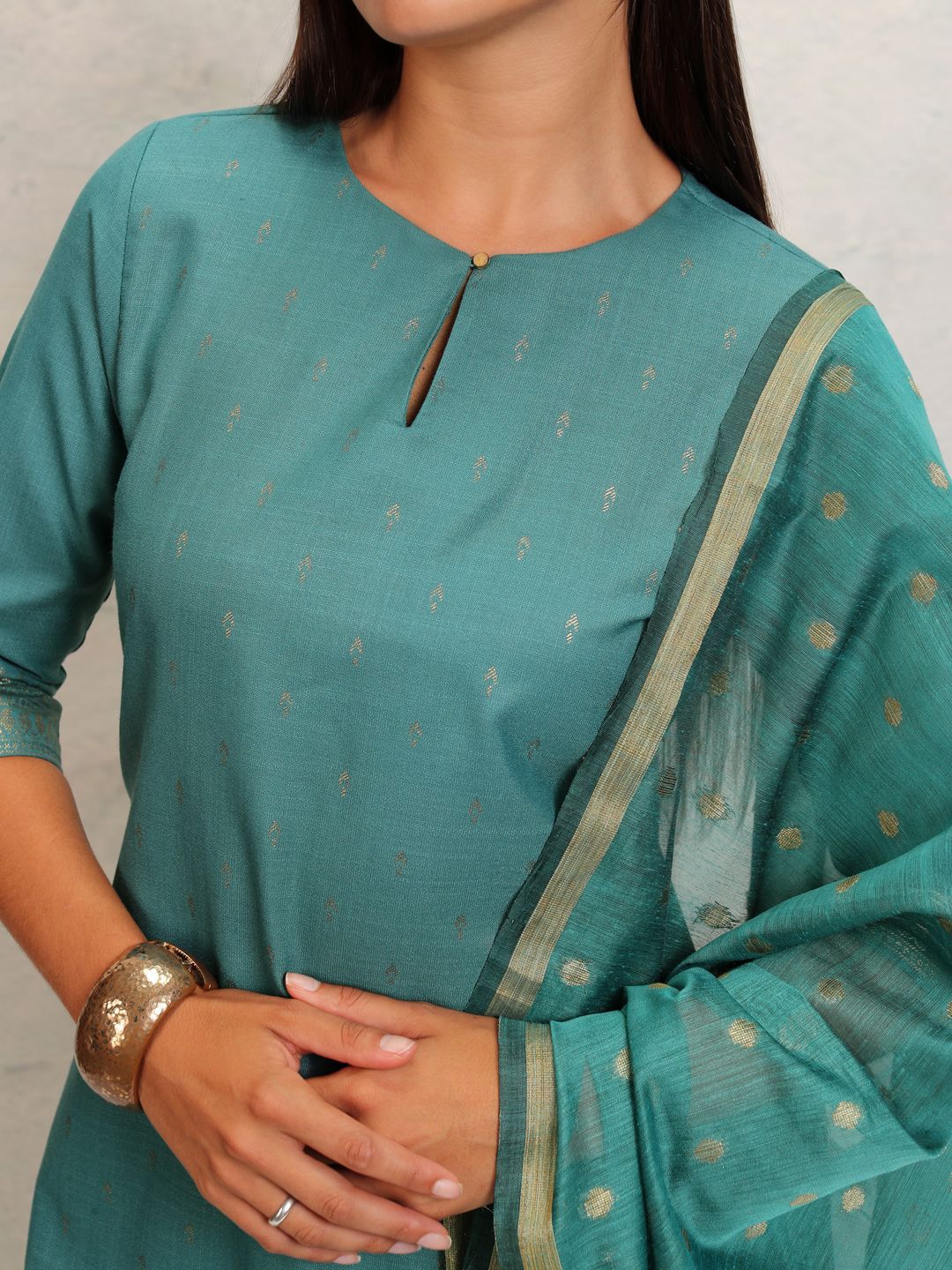 Vishudh Ethnic Motifs Printed Keyhole Neck Straight Kurta With Palazzos & Dupatta - Swadesiicart