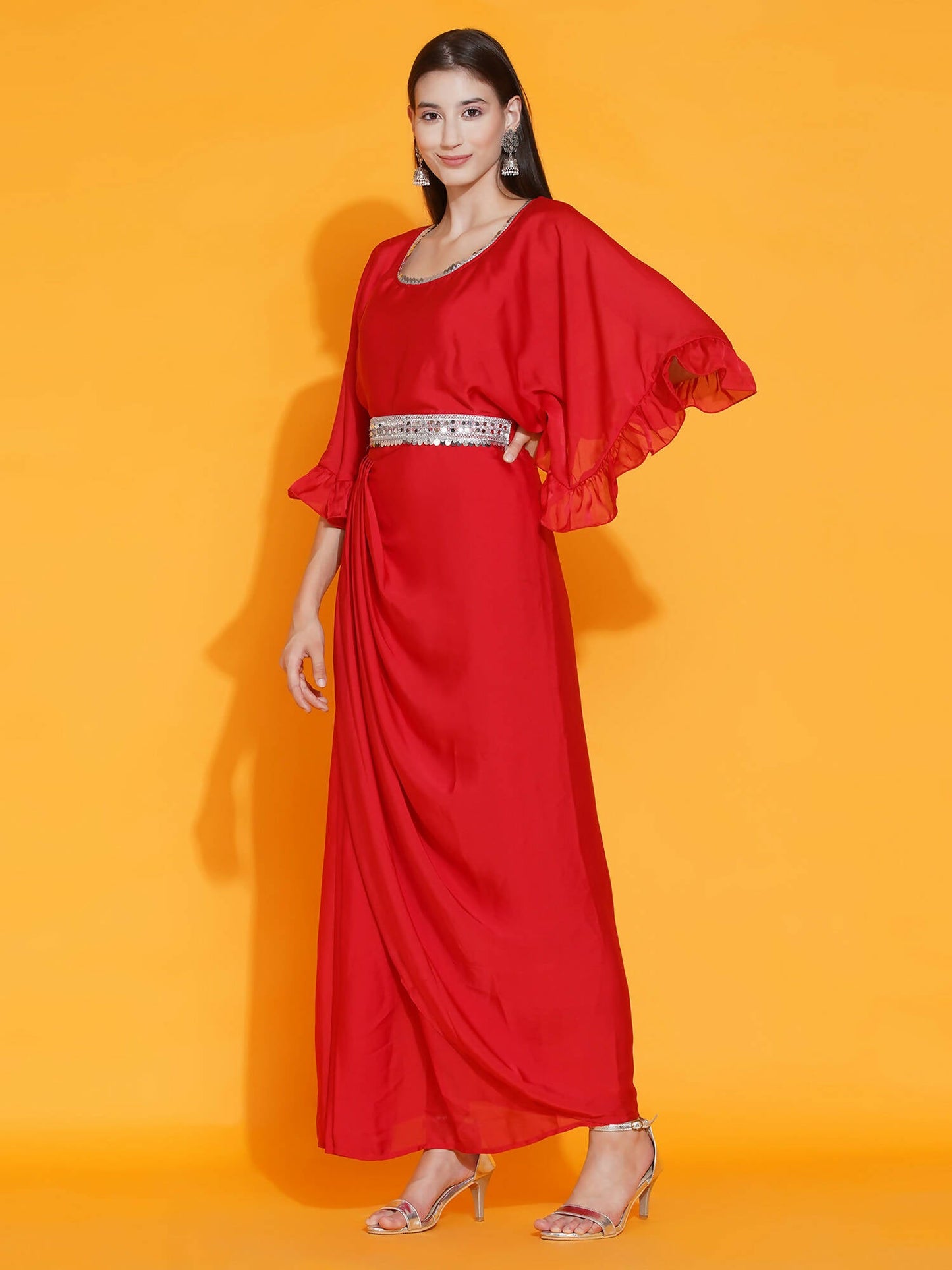 Women Republic Red Georgette Gown With Embellished Belt | Swadesiicart