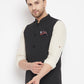 Even Apparels Black Merino Men's Nehru Jacket-Contrast Lining-Inbuilt Pocket Square | Swadesiicart