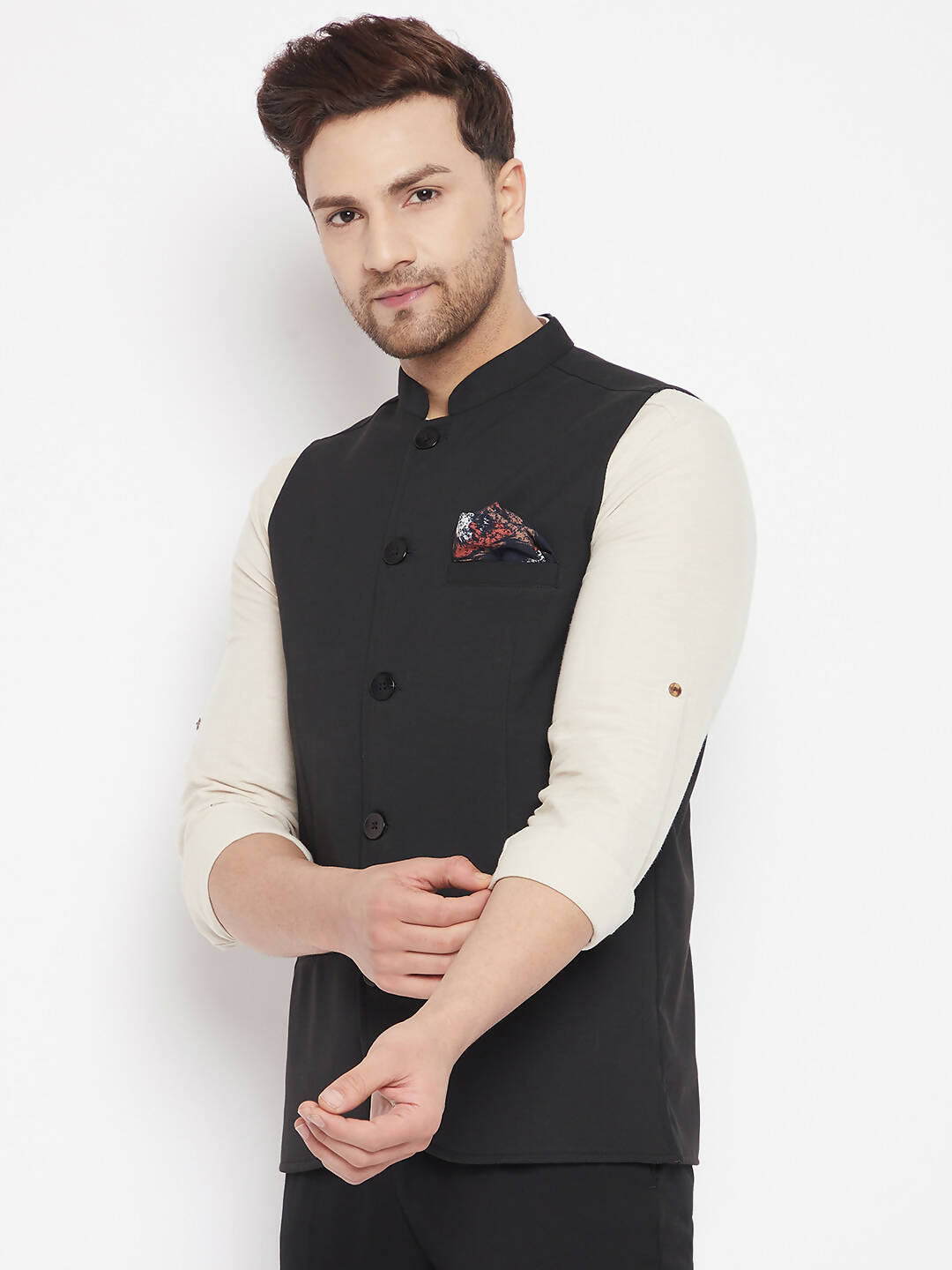 Even Apparels Black Merino Men's Nehru Jacket-Contrast Lining-Inbuilt Pocket Square | Swadesiicart