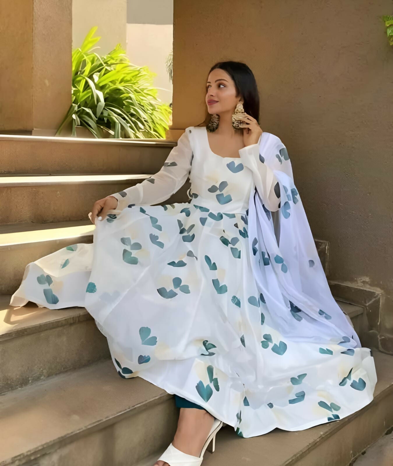 Dishitha Creation Women Floral Printed Designer Gown - Off White | Swadesiicart