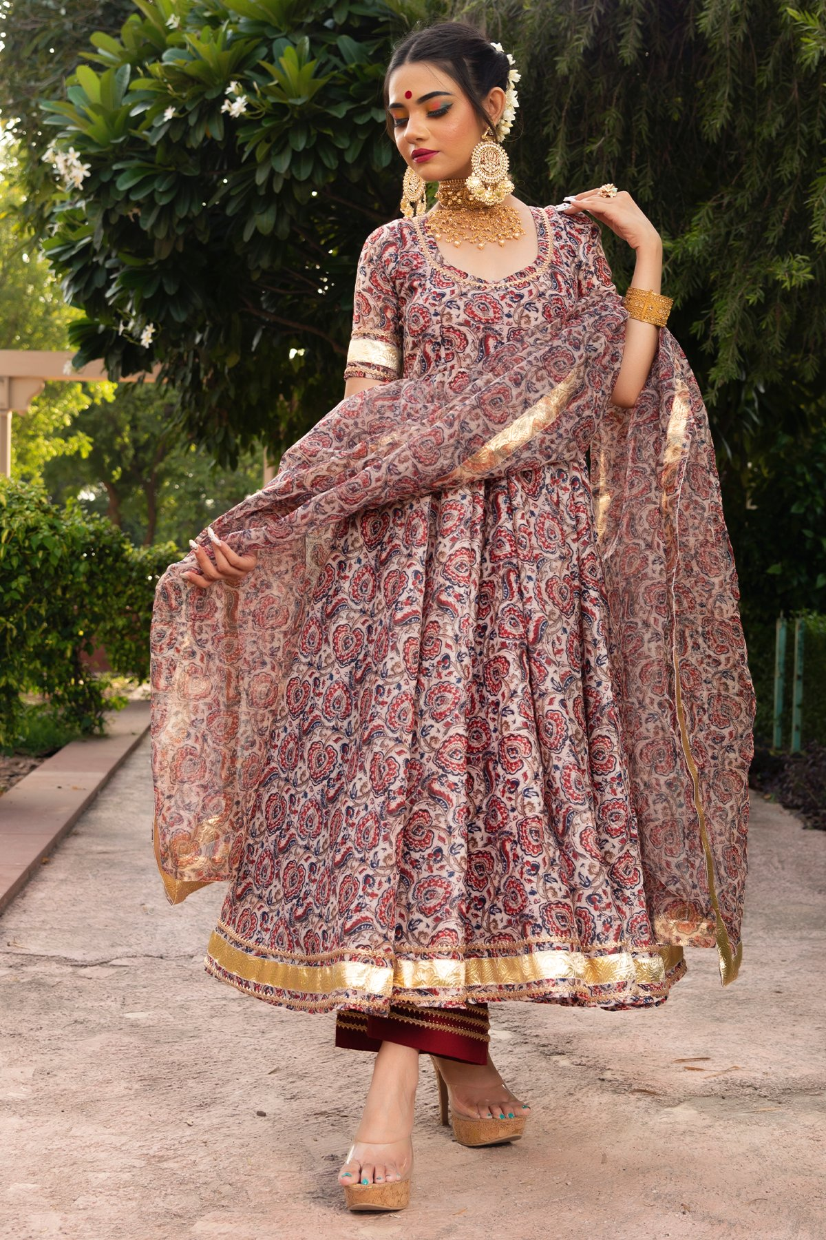 Pomcha Jaipur Gulbagh Organza Anarkali Set | Swadesiicart