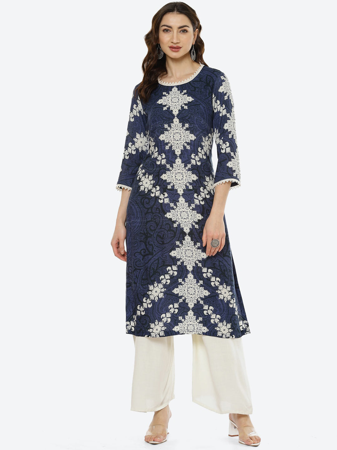 Biba Women Navy Blue & White Ethnic Motifs Printed Kurta - Swadesiicart