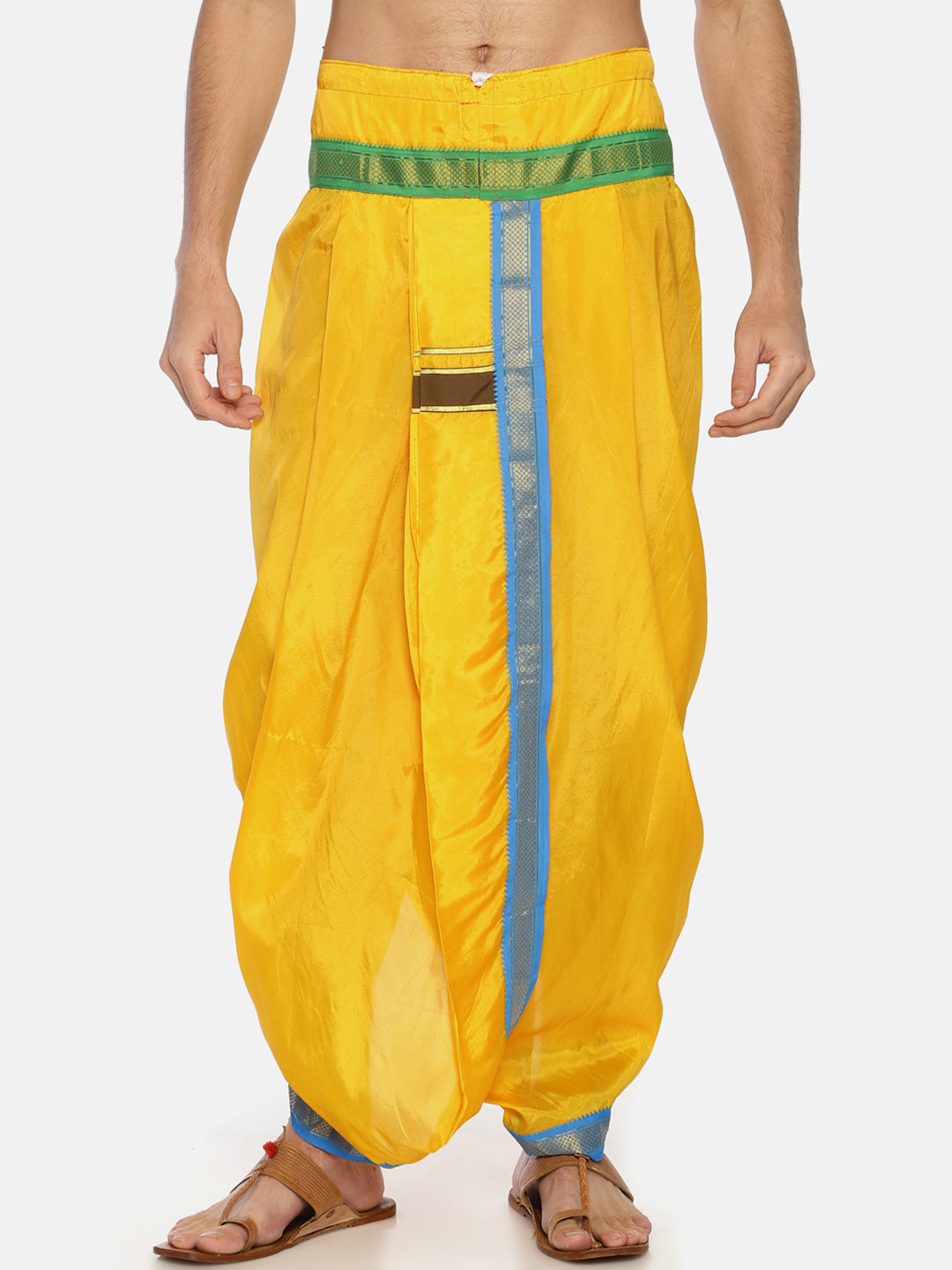 Sethukrishna Men Yellow Solid Double Layer Readymade Dhoti Pant | Swadesiicart