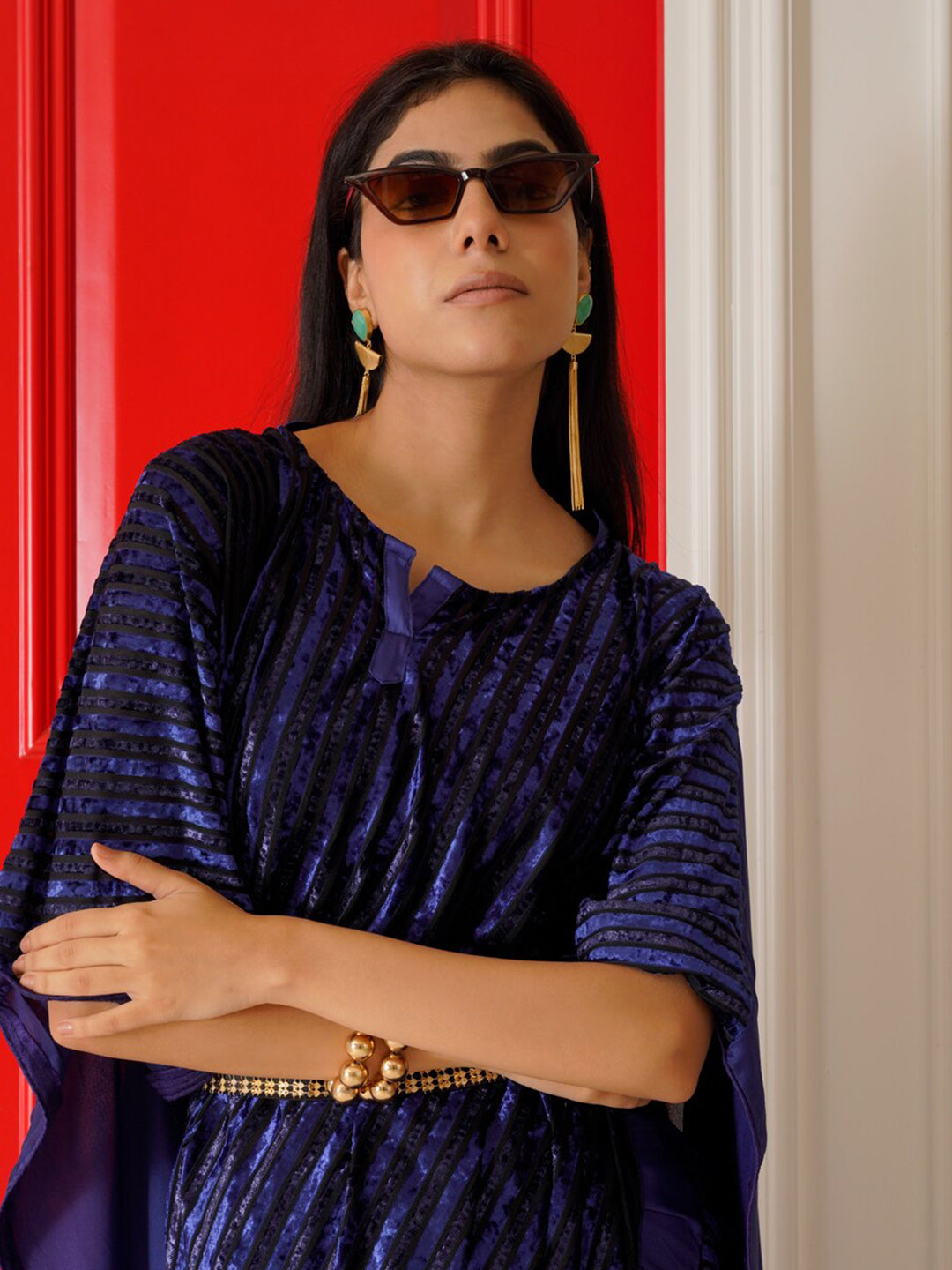 Tikhi Imli Striped Velvet Kaftan Saree | Swadesiicart