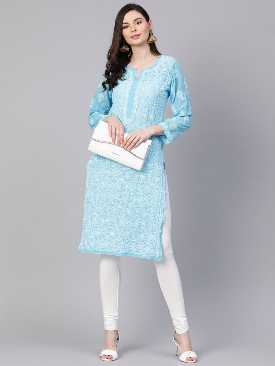 ADA Women Blue & White Chikankari Embroidered Sheer Straight Sustainable Handloom Kurta | Swadesiicart