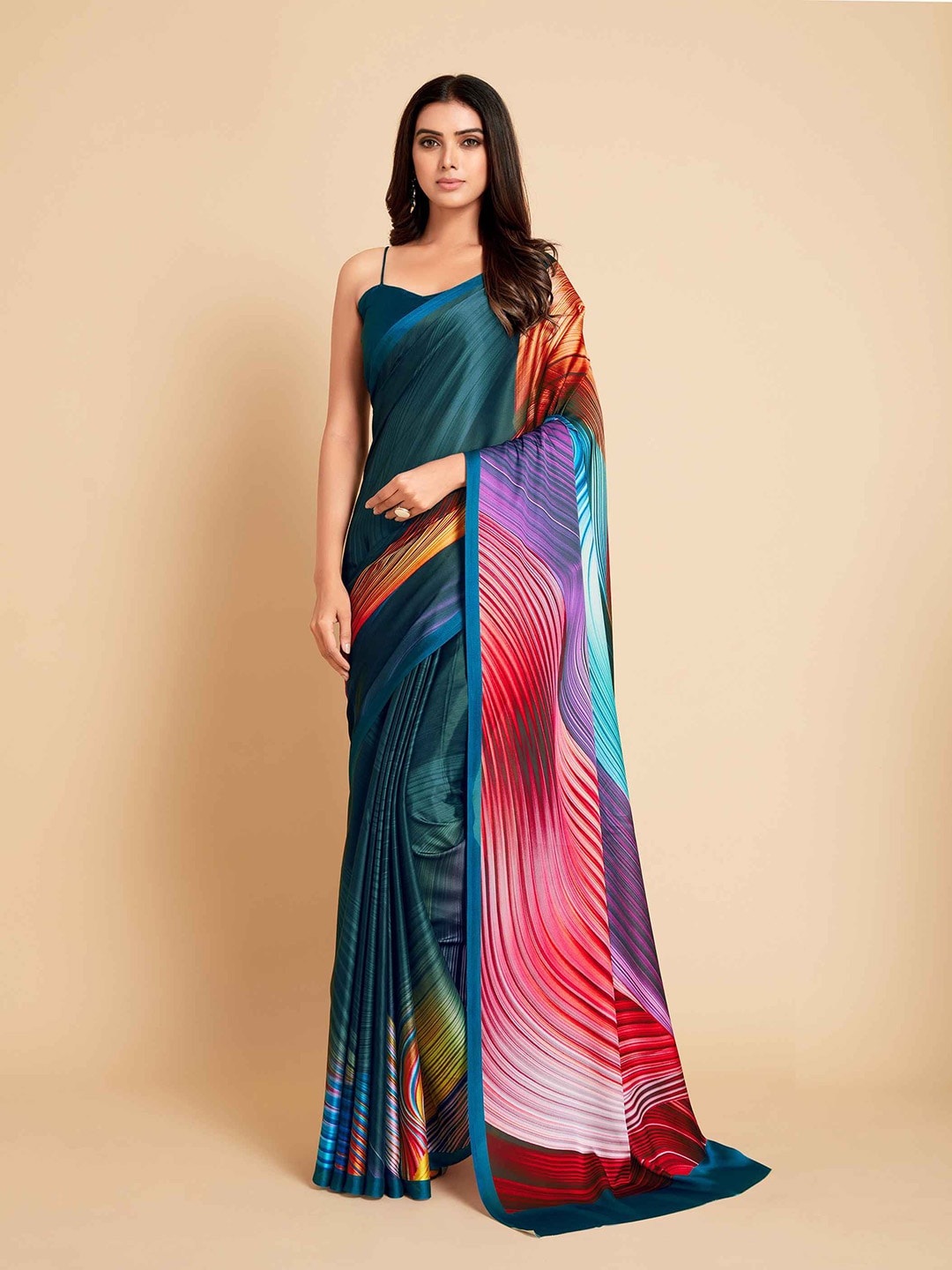 Sangria Navy Blue & Violet Satin Ready to Wear Saree | Swadesiicart