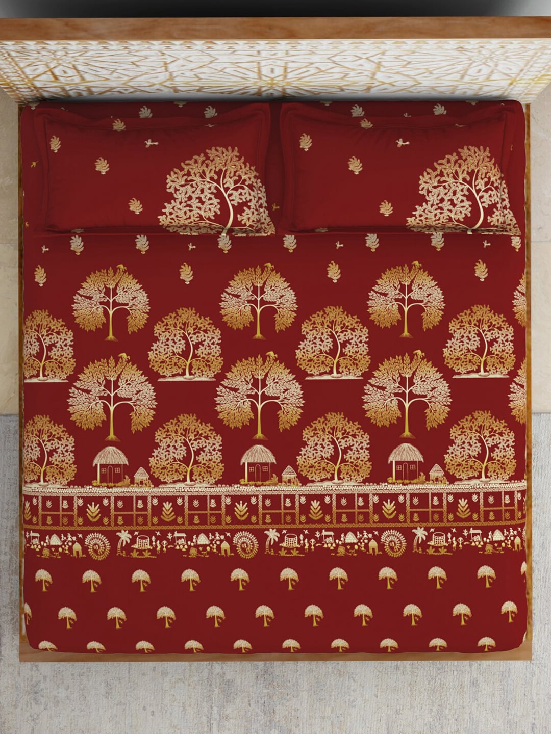 SPACES Red & Yellow Ethnic Motifs Cotton 210 TC King Bedsheet With 2 Pillow Covers - Swadesiicart
