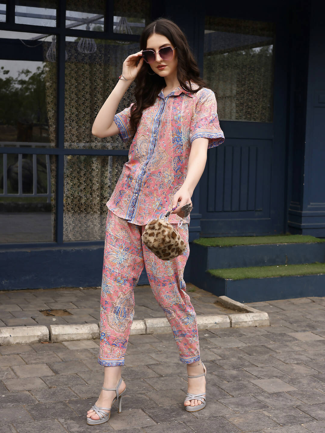 Pink Rayon Floral Printed Top with Matching Bottom - Eesha - Swadesiicart