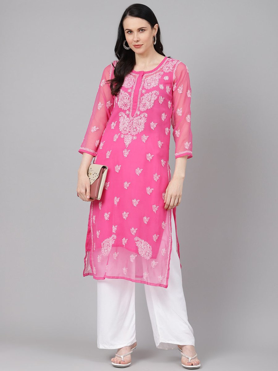ADA Women Pink & White Sheer Chikankari Embroidered Straight Handloom Kurta with Inner | Swadesiicart