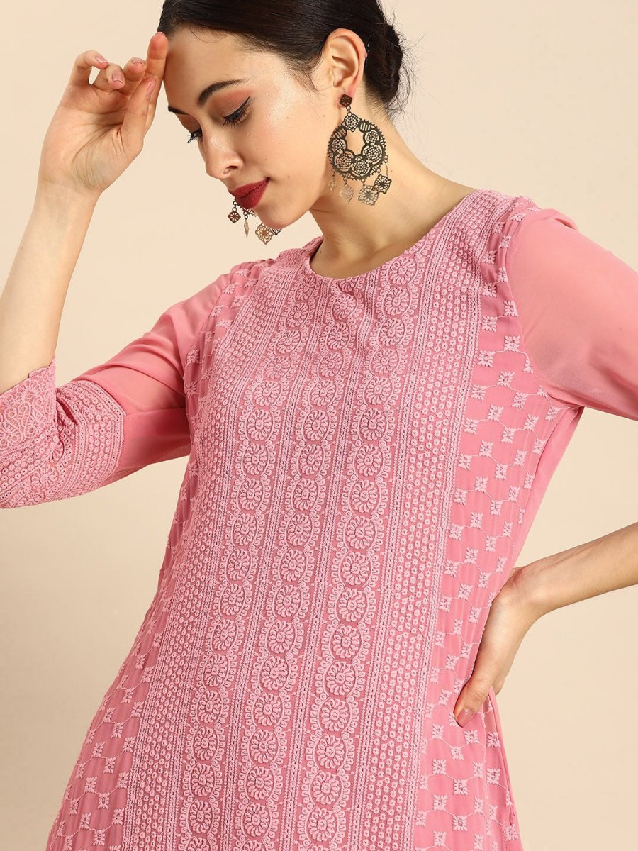 Anouk Women Pink Chikankari Embroidered Kurta with Palazzos | Swadesiicart