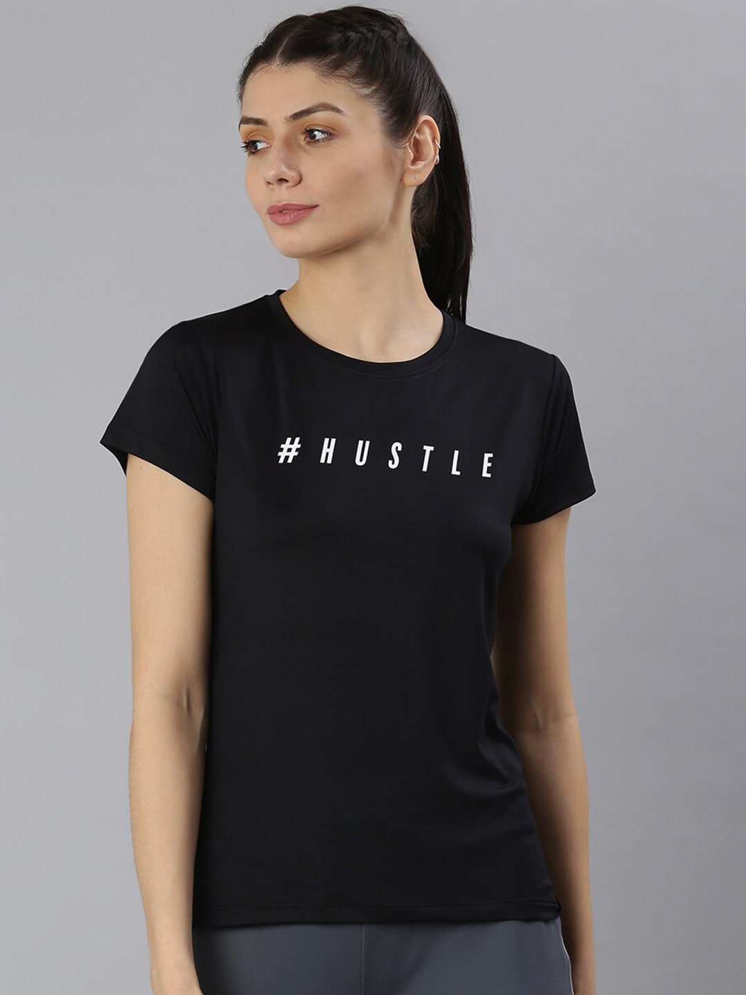 MKH Women Black Typography Printed Dri-FIT Sports T-shirt - Swadesiicart