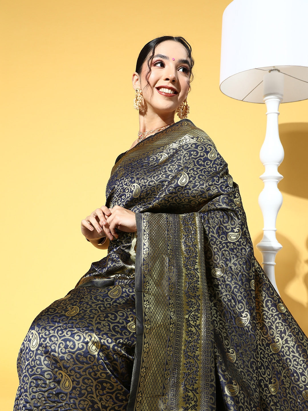 Saree Mall Navy Blue & Gold-Toned Ethnic Motifs Zari Silk Blend Banarasi Sarees | Swadesiicart