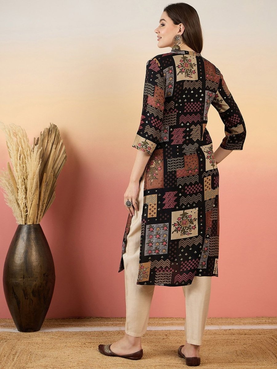 Anouk Ethnic Motifs Printed Beads And Stones Mandarin Collar A-Line Kurta - Swadesiicart