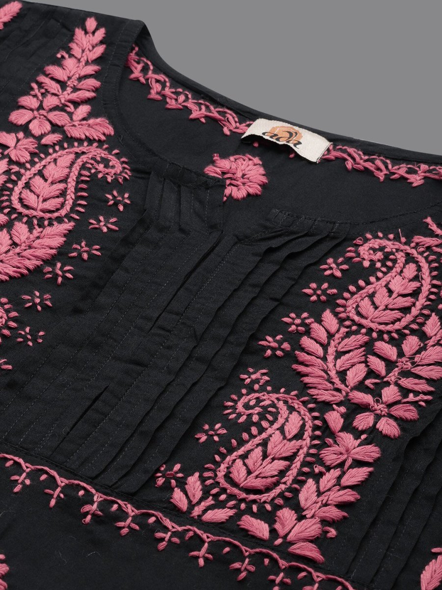 ADA Ethnic Motifs Embroidered Round Neck Chikankari Cotton Kurta | Swadesiicart