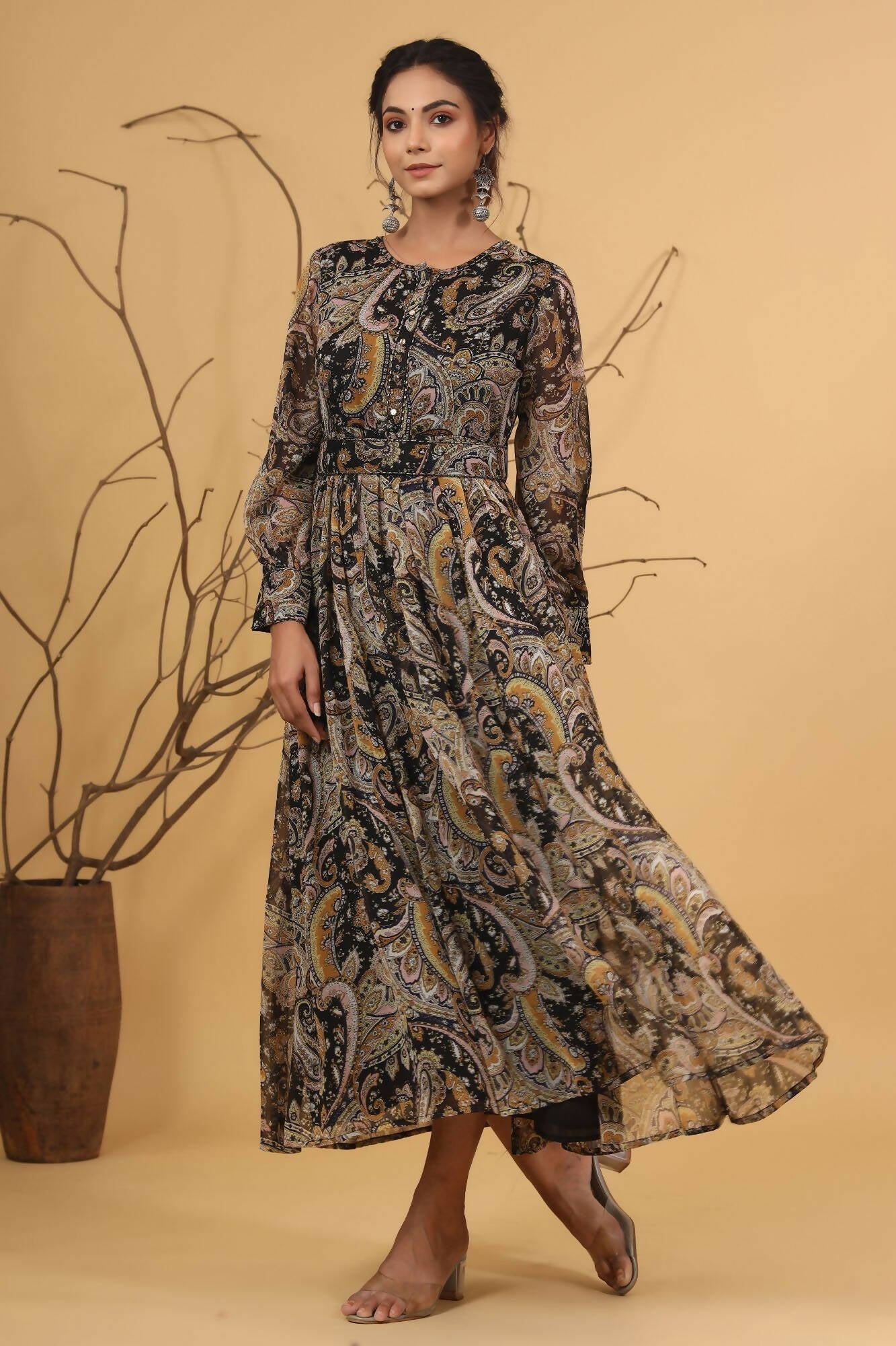 Juniper Women Black Chiffon Printed Flared Dress | Swadesiicart