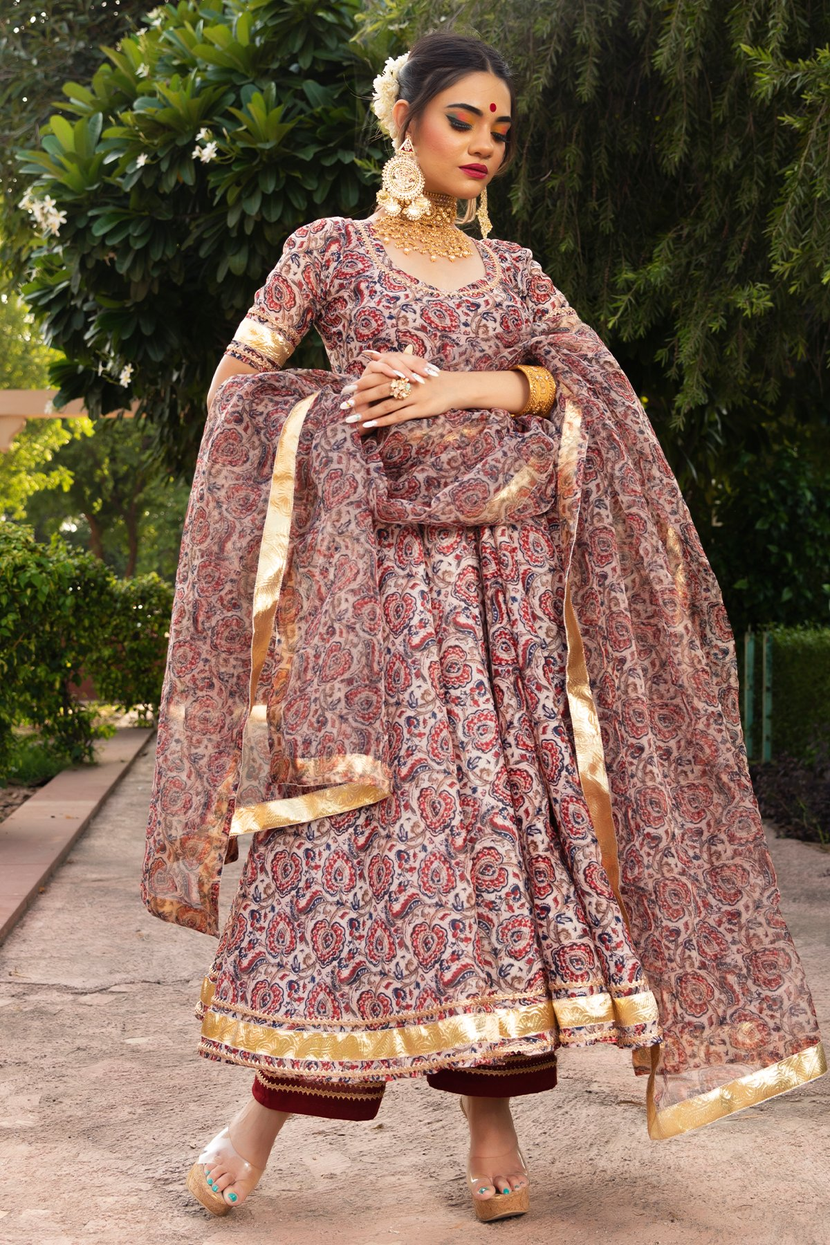 Pomcha Jaipur Gulbagh Organza Anarkali Set | Swadesiicart
