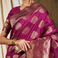 Sangria Burgundy & Gold-Toned Ethnic Motifs Woven Design Zari Silk Blend Banarasi Saree | Swadesiicart