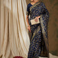 Sangria Navy Blue & Gold-Toned Floral Woven Design Zari Silk Blend Banarasi Saree | Swadesiicart