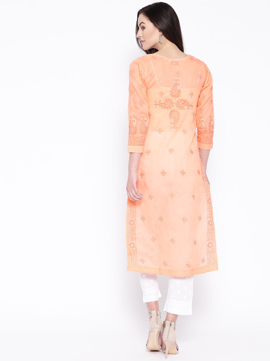 ADA Women Peach-Coloured & White Chikankari Embroidered Sustainable Handloom Kurta with Trousers | Swadesiicart