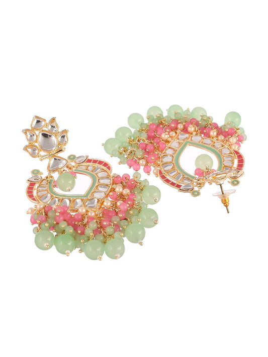 Shoshaa Gold-Polished Green & Pink Enamel Kundan-Studded Drop Earrings | Swadesiicart