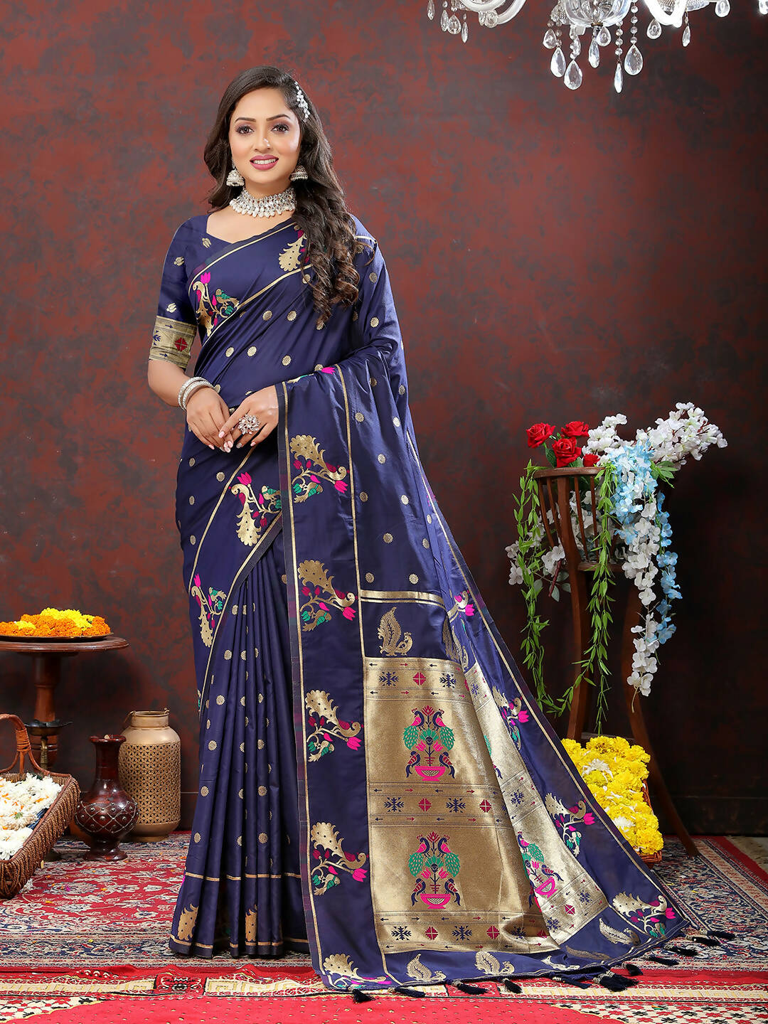Lorenvalley Fashion Navyblue Soft Paithani Silk Woven Design Gold Zari Meenakari Weaving Saree - Swadesiicart