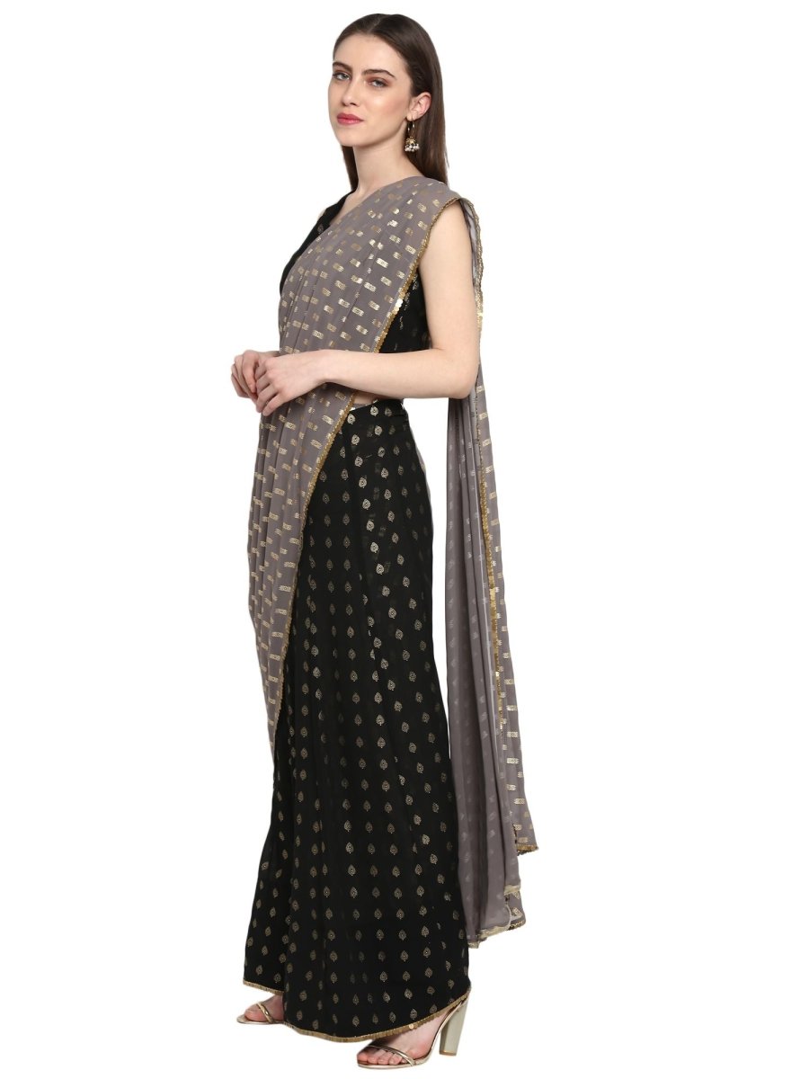 Ahalyaa Women's Black Georgette Foil Print Ready to Wear Saree | Swadesiicart