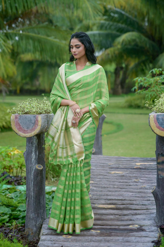 Vishnu Weaves Women's Green Organza Silk Zari Woven Saree with Blouse - Swadesiicart
