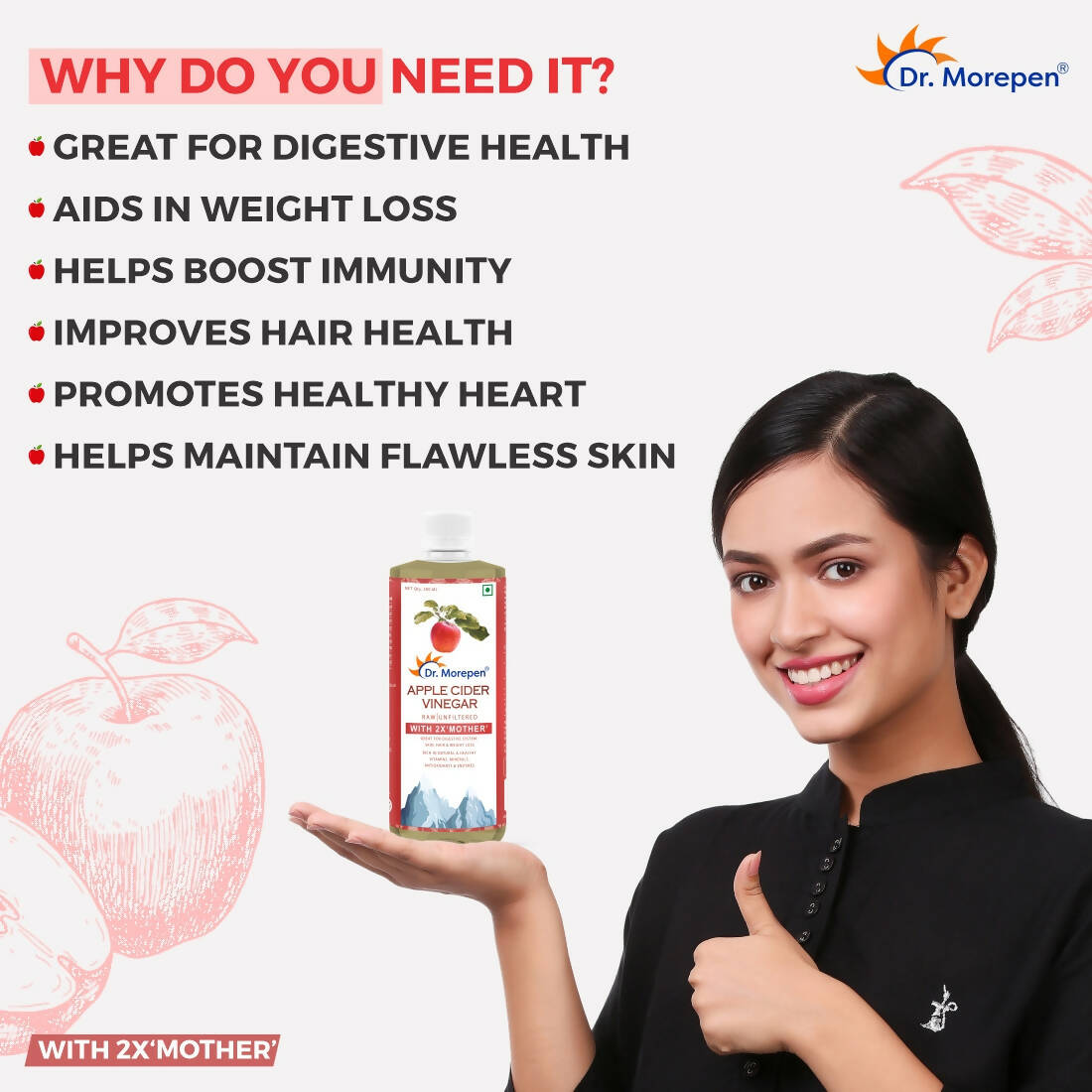 Dr. Morepen Apple Cider Vinegar With 2x Mother for Weight Management, Immunity, Skin & Hair - Swadesiicart