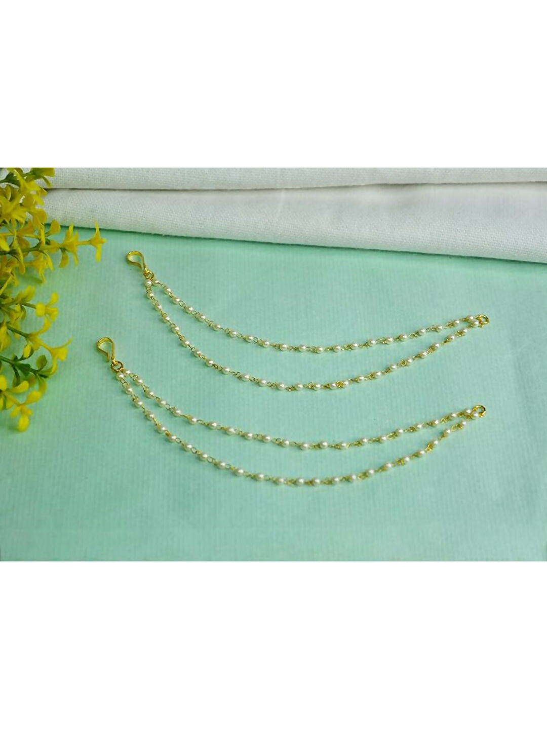 NVR Pearl Studded Classic Gold-Polished 2 Line Ear Chain Ear Cuff | Swadesiicart