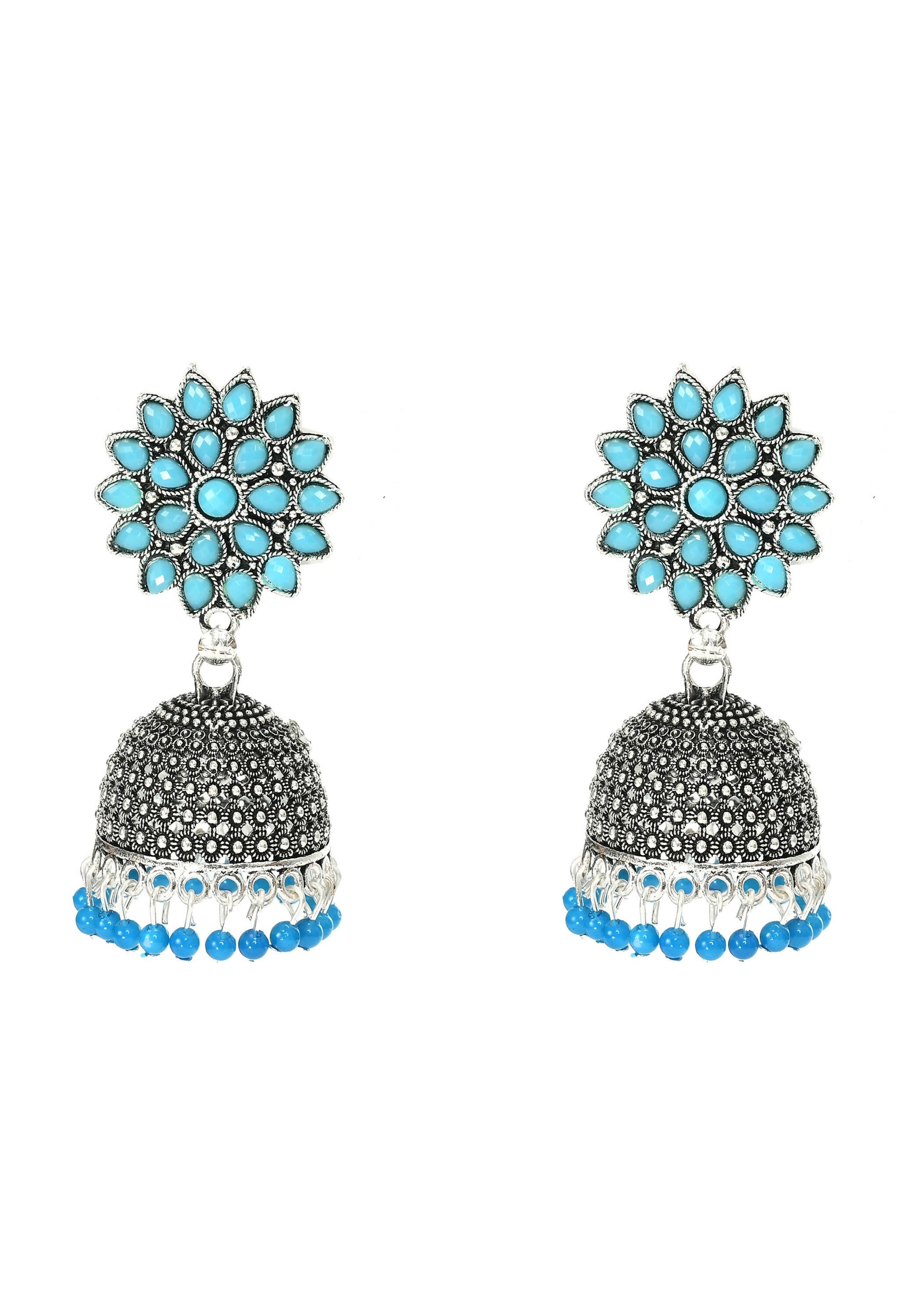 Mominos Fashion Joharkamal Kundan work Jhumka with Sky Blue Beads - Mominos Fashion