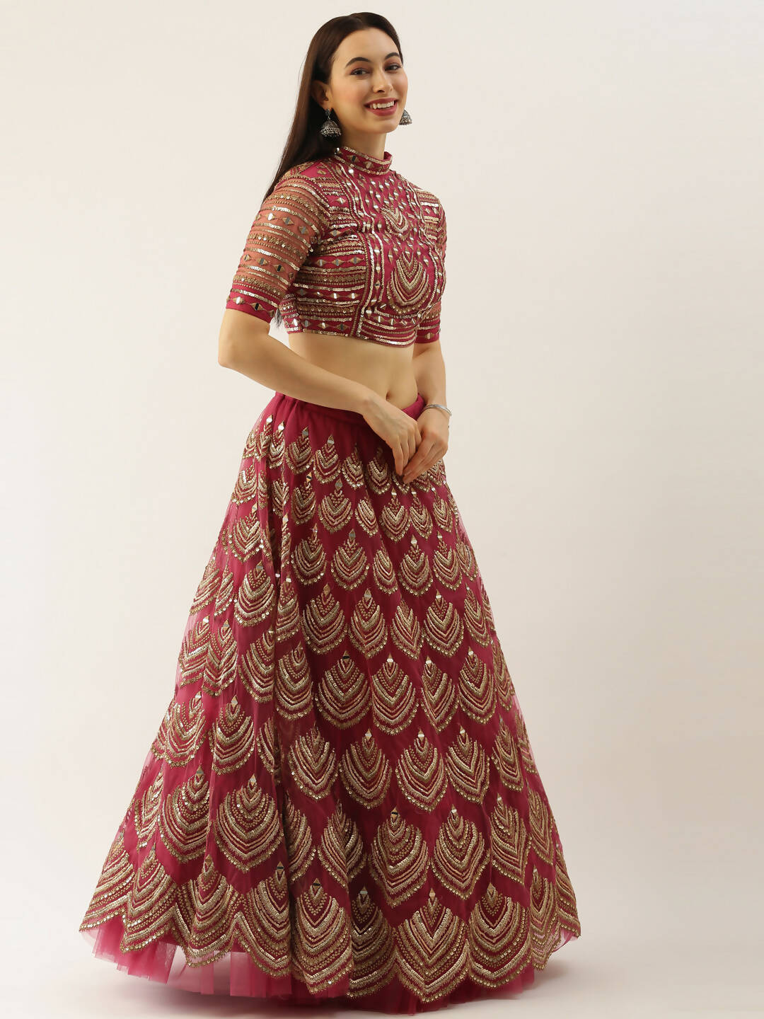 House of Panchhi Women Rosegold Net Embroidered Mirror Lehenga & Blouse with Dupatta | Swadesiicart