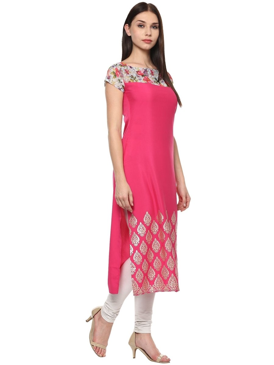 Ahalyaa Women's Pink Chanderi Printed Kurta | Swadesiicart