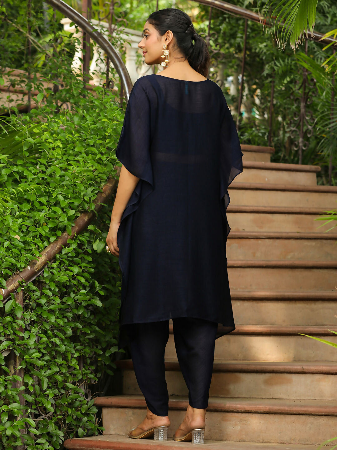 Janasya Navy Blue Silk Blend Yoke Embroidery Co-Ords - Swadesiicart