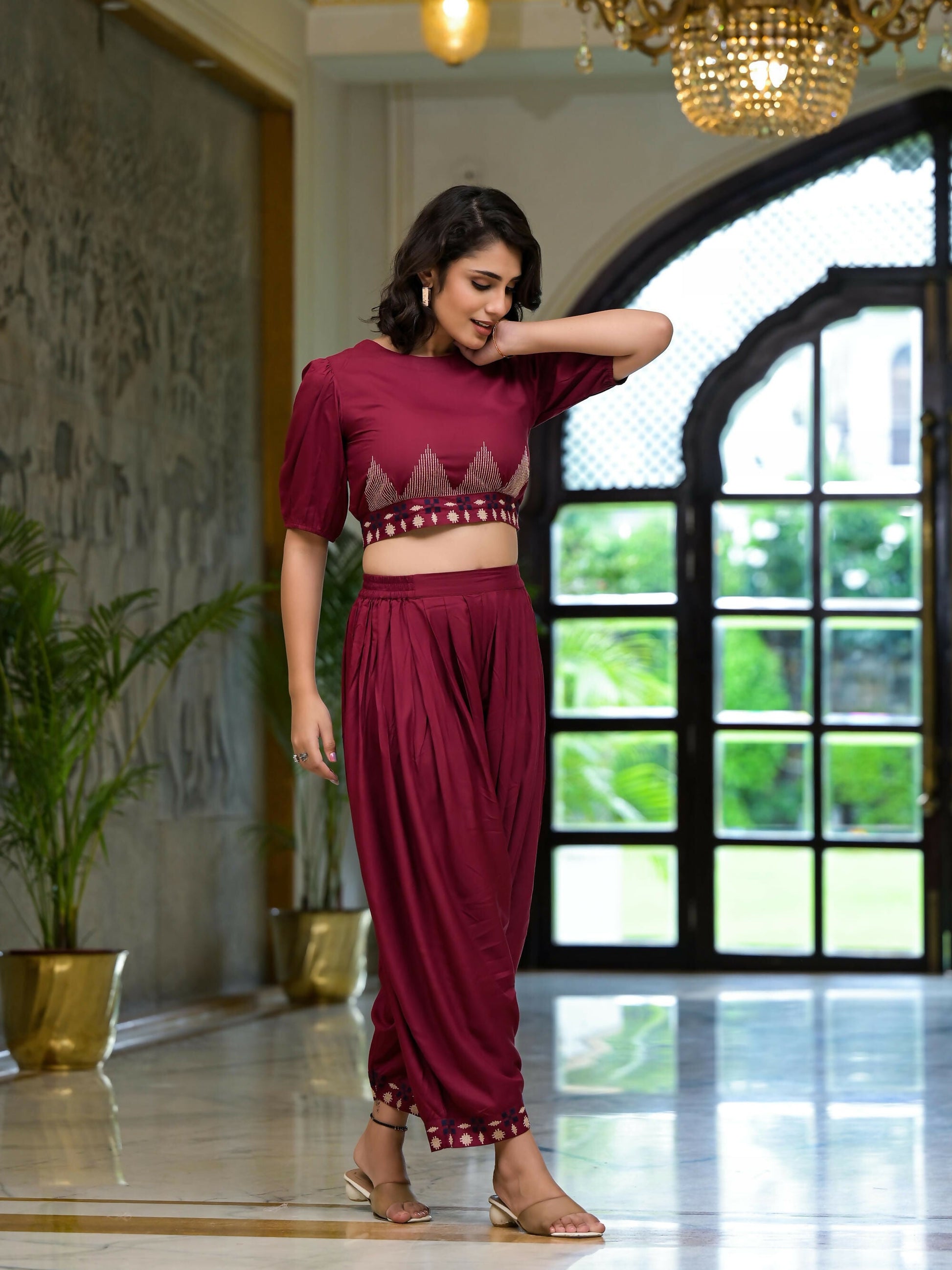 Juniper Women's Rust Thread Embroidered Rayon Top & Dhoti Pant Set - Swadesiicart