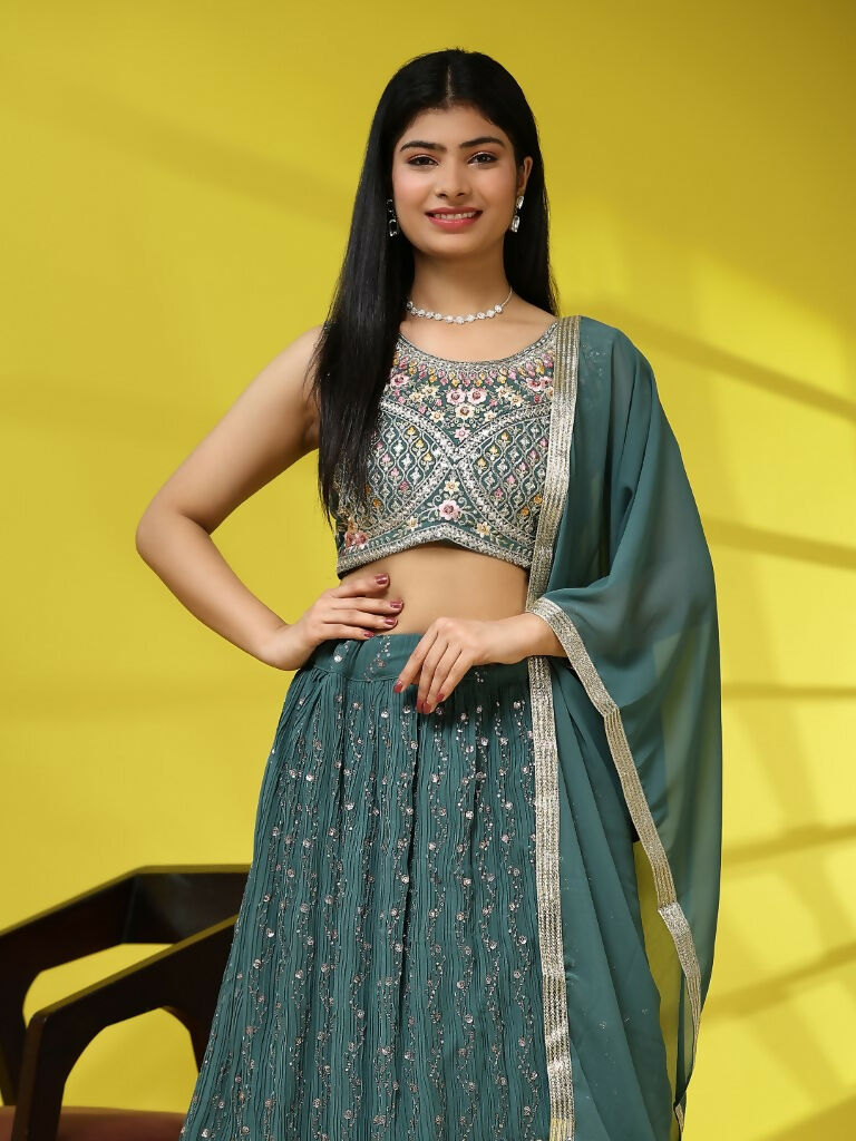 Green Georgette Embroidered Lehenga choli with Dupatta - Dhara | Swadesiicart