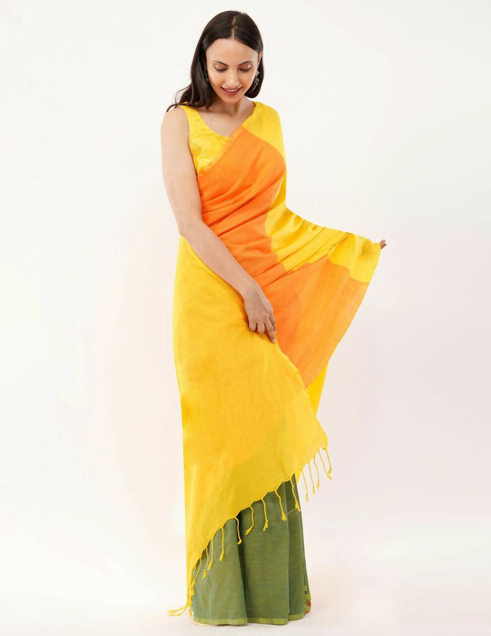 Exclusive Collection Beautiful Khadi Cotton Yellow Orange Green Handloom Saree - Swadesiicart