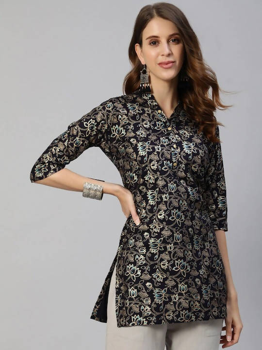 Anubhutee Navy Blue & Gold Ethnic Motifs Foil Printed Kurti | Swadesiicart