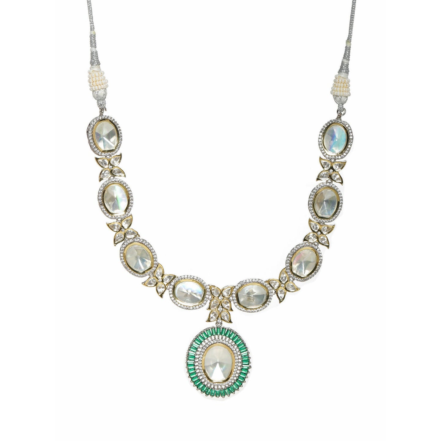 Gold and Silver Tone Neckpiece with Green Center Piece (Silver) - Ruby Raang | Swadesiicart