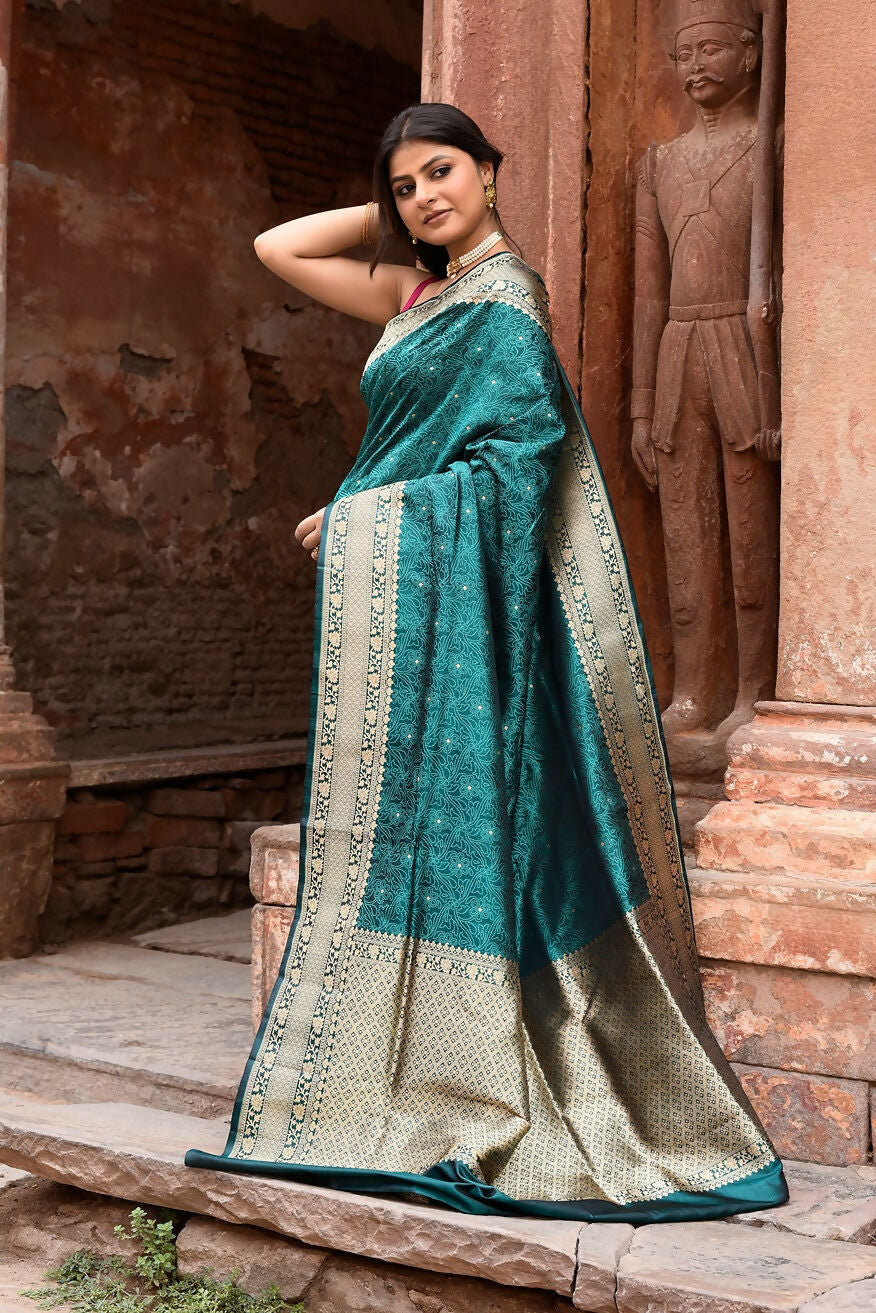 Joban Fashion Green Banarasi Katan Pure Handloom Banarasi Silk Saree | Swadesiicart