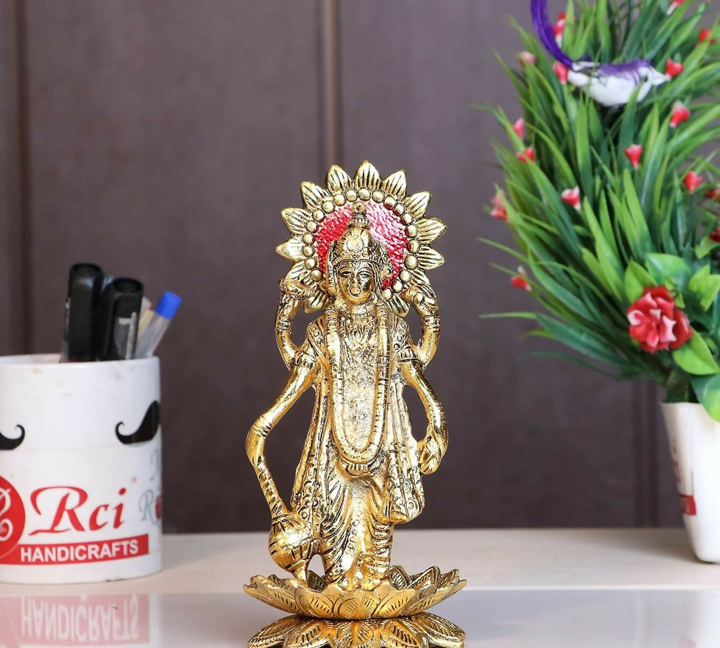 Kridaykraft Gold-Polished Narayan/Vishnu Standing On Lotus Metal Statue - Swadesiicart