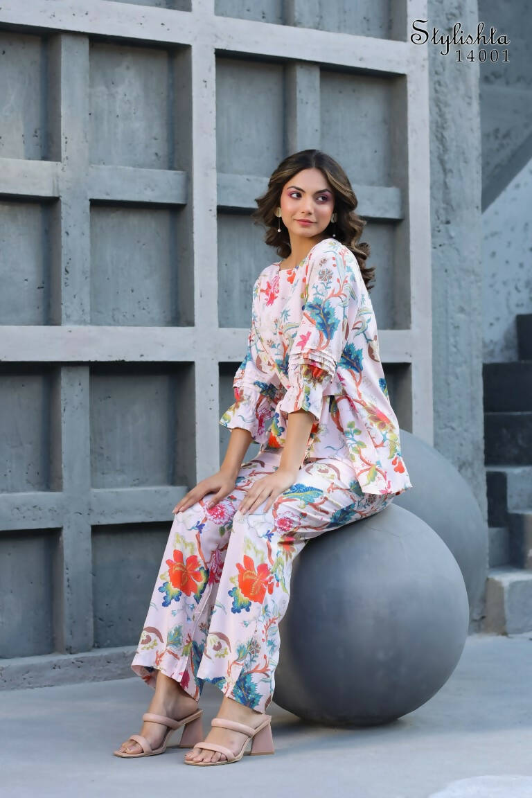 Women's Partywear Designer White & Multi Muslin co-ord set - Stylishta - Swadesiicart