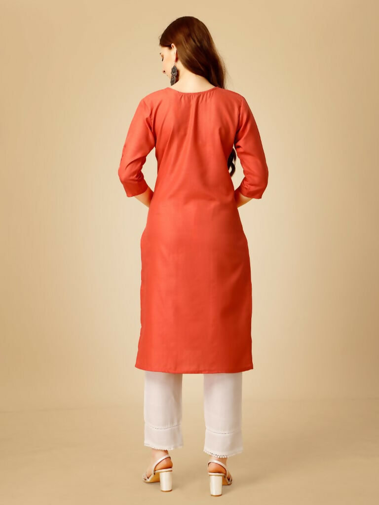 Jyoti Fashion Women's Coral Cotton Blend Embroidered Kurta Pant Set | Swadesiicart