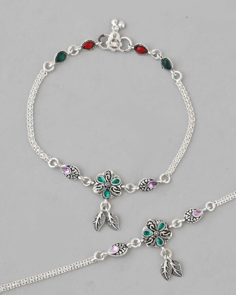VOJ Set of 2 Traditional Stone Studded Flower Shaped Anklet - Swadesiicart